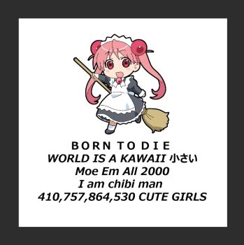 1girl animated animated_gif bk_(barakoodra) black_border border born_to_die_world_is_a_fuck_(meme) broom chibi chibi_only commentary english_commentary english_text holding holding_broom maid maid_headdress meme original pink_hair pinterest pinterest-chan_(barakoodra) red_eyes solo twintails