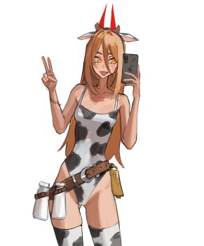 1girl absurdres animal_ears animal_print bell blonde_hair bottle breasts cellphone chainsaw_man cow_ears cow_horns cow_print cow_print_thighhighs cowbell cross-shaped_pupils demon_girl demon_horns hair_between_eyes halloween halloween_costume highres holding holding_phone horns leotard long_hair long_hair_between_eyes looking_at_phone looking_at_viewer medium_breasts milk milk_bottle open_mouth phone power_(chainsaw_man) print_thighhighs red_horns reflection reflection_focus ringed_eyes sharp_teeth simple_background smartphone smile solo swimsuit symbol-shaped_pupils taking_picture teeth tefi_blum thighhighs white_leotard yellow_eyes