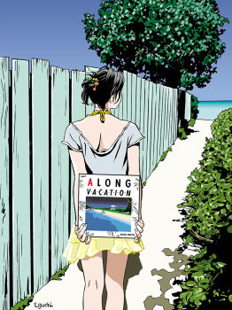 Rule 34 | 1girl, a long vacation, album cover, arms behind back, artist name, beach, blue shirt, blue sky, clear sky, commentary request, cover, eguchi hisashi, fence, from behind, halterneck, holding, horizon, looking ahead, medium hair, ocean, original, shirt, skirt, sky, solo, standing, tree, updo, wooden fence, yellow skirt