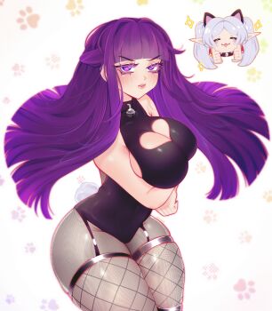Rule 34 | 1girl, absurdres, bell, black leotard, black pantyhose, breasts, cleavage cutout, clothing cutout, fern (sousou no frieren), garter straps, heart cutout, highres, large breasts, leotard, long hair, neck bell, pantyhose, purple eyes, purple hair, rabbit tail, sitraell, sousou no frieren, tail