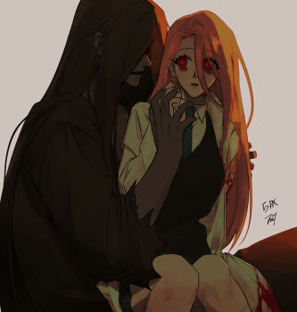 Rule 34 | 1boy, 1girl, adashino adami, bbabbamis2, blood, blood on clothes, brown hair, coat, grey background, highres, homicipher, japanese clothes, kimono, long hair, looking at another, mr. crawling, open clothes, open coat, orange hair, raincoat, red eyes, ringed eyes, simple background, sitting, sitting on lap, sitting on person, skirt, sweater, very long hair