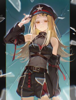 1girl adjusting_clothes adjusting_headwear aqua_background arm_belt belt belt_buckle black_belt black_bra black_hat black_nails black_sleeves blonde_hair blurry blurry_foreground bra breasts broken_glass buckle closed_mouth colored_eyelashes cowboy_shot detached_sleeves earrings fingernails flipped_hair gakuen_idolmaster glass glass_shards gradient_hair grey_hair hair_ornament hairclip halterneck hand_up hashtag-only_commentary hat highres idolmaster jewelry kitk_qun long_hair long_sleeves multicolored_hair nail_polish orange_eyes outside_border parallel_hairclips parted_bangs peaked_cap pillarboxed red_belt see-through_clothes see-through_shirt shards shinosawa_hiro shirt shorts sleeveless sleeveless_shirt small_breasts solo stud_earrings underwear zipper zipper_pull_tab