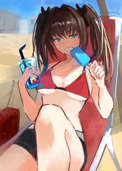 1girl absurdres aozaki_aoko bare_shoulders beach beach_chair bikini black_shorts blue_eyes blush breasts brown_hair cleavage clenched_teeth cup disposable_cup food hair_intakes highres large_breasts long_hair looking_at_viewer mahou_tsukai_no_yoru popsicle red_bikini shorts sidelocks solo sweat swimsuit teeth thighs twintails yotsutsu428