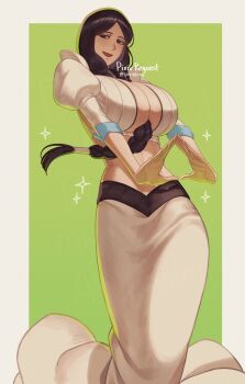 1girl 50x48x48 black_hair bleach bleach:_sennen_kessen-hen blush breasts cleavage cleavage_cutout clothing_cutout cosplay duplicate green_background highres huge_breasts inoue_orihime inoue_orihime_(cosplay) long_hair long_skirt puffy_sleeves skirt sparkle stomach_cutout triangle_hands unohana_retsu