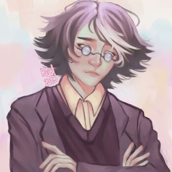 1boy adventure_time black_coat black_eyes black_hair black_vest coat collared_shirt crossed_arms elimakesartt exhausted glasses head_tilt light_frown male_focus shirt short_hair simon_petrikov single_hair_streak solo vest white_shirt white_streaks