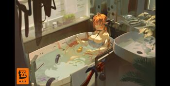 1girl absurdres ahoge alternate_breast_size_(larger) bigchaping breasts commentary_request green_eyes highres horns in_bathtub large_breasts long_hair magus_(zenless_zone_zero) mechanical_horns mechanical_tail orange_hair orange_pupils orphie_magnusson pointy_ears rubber_duck sink tail towel zenless_zone_zero