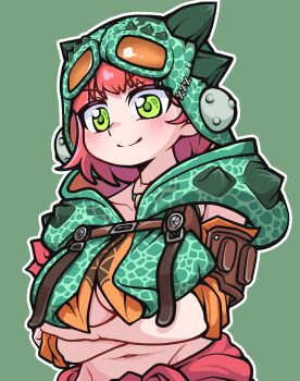 1girl absurdres arm_armor arms_under_breasts blush breasts chatacabra_(armor) cleavage closed_mouth commentary_request detached_sleeves green_background green_eyes green_helmet helmet highres jewelry kim_manyak looking_down medium_breasts monster_hunter_(character) monster_hunter_(series) monster_hunter_wilds navel necklace no_bra orange-tinted_eyewear orange_sleeves outline red_hair red_sash sash simple_background smile solo split_mouth tinted_eyewear underboob white_outline