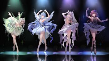 4girls alternate_costume aqua_hair arm_up armpits arms_behind_back arms_up ass backless_dress backless_outfit ballerina ballet ballet_slippers bare_shoulders black_background black_dress black_feathers black_hairband black_tiara blue_hair blue_ribbon bracelet breasts bright_pupils brown_pantyhose bug butterfly castorice_(honkai:_star_rail) circle_skirt cleavage closed_mouth dancer demigoddess detached_collar detached_sleeves dress dress_flower dress_ribbon earrings elbow_gloves en_pointe face_jewel facing_viewer fake_wings feathered_wings feathers fifth_position_of_the_arms firefly_(honkai:_star_rail) floating_hair flower fourth_position_of_the_arms frilled_hairband frills full_body garter_straps gloves gradient_hair green_eyes grey_hair hair_between_eyes hair_flower hair_ornament hairband hand_up head_wings highres honkai:_star_rail honkai_(series) insect insect_wings jewel_under_eye jewelry kafka_(honkai:_star_rail) long_hair looking_at_viewer looking_up multicolored_eyes multicolored_hair multiple_girls multiple_rings necklace no_pupils pantyhose parted_lips pink_pantyhose pointy_ears purple_butterfly purple_eyes purple_flower purple_gloves purple_hair reflection ribbon ring robin_(honkai:_star_rail) short_sleeves simple_background single_earring thighhighs tiara tutu veil very_long_hair white_dress white_feathers white_flower white_garter_straps white_gloves white_pantyhose white_pupils white_thighhighs white_veil white_wings wings yolanda