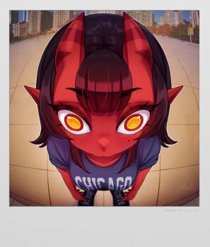 1girl black_hair blunt_bangs colored_skin demon_girl demon_horns fake_photograph from_above hair_between_horns horns long_hair meruccubus_(merunyaa) merunyaa mole mole_under_eye oni original photo_background pointy_ears polaroid_photo print_shirt red_oni red_skin shirt skin-covered_horns solo watermark web_address yellow_eyes