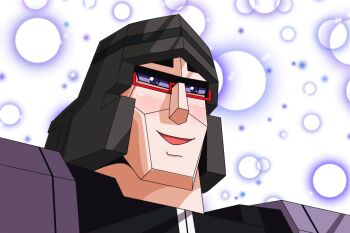 Rule 34 | akemi homura, blush, cadsensei, cosplay, crossover, decepticon, glasses, gradient background, mahou shoujo madoka magica, megatron, parody, red-framed eyewear, smile, transformers