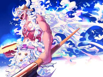 1boy andoryu axe blue_sky commentary fake_horns gear_fifth glint goggles hat helmet highres holding holding_axe holding_unworn_clothes holding_unworn_hat horned_helmet horns male_focus monkey_d._luffy one_piece open_mouth profile scar scar_on_chest shirt shorts sky smile solo straw_hat unworn_hat unworn_headwear white_hair white_shirt white_shorts