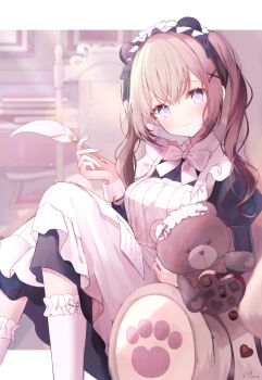 Rule 34 | 1girl, :3, animal ear hairband, animal ears, apron, bear ear hairband, bear ears, black dress, blush, box, brown hair, chocolate, closed mouth, commentary request, crossed bangs, dress, fake animal ears, feathers, feet out of frame, grey eyes, hair between eyes, hair ornament, hairband, heart, heart-shaped box, heart-shaped pupils, highres, holding, holding feather, irono1910, juliet sleeves, letterboxed, long hair, long sleeves, looking at viewer, maid, original, outside border, puffy sleeves, sidelocks, sitting, smile, socks, solo, stuffed animal, stuffed toy, symbol-shaped pupils, teddy bear, twintails, white apron, white hairband, white socks, x hair ornament