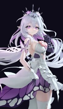1girl absurdres bare_shoulders black_tiara breasts castorice_(honkai:_star_rail) commentary dress egoswans elbow_gloves flower from_side gloves hair_between_eyes hair_flower hair_ornament hand_up highres honkai:_star_rail honkai_(series) large_breasts looking_at_viewer looking_to_the_side parted_lips pink_flower pointy_ears purple_eyes purple_gloves sidelocks single_elbow_glove solo thighhighs thighs tiara white_dress white_hair white_thighhighs