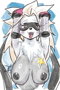 absurdres armpits artist_name bandai_namco breasts cyborg dark_nipples digimon digimon_beatbreak furry furry_female grey_fur grey_hair highres large_breasts mask nanaeljustice nipples red_eyes simple_background star_(symbol) tongue tongue_out topless_female wolvermon