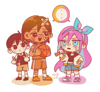 Rule 34 | ..., 1girl, 2boys, antenna hair, aubrey (faraway) (omori), aubrey (omori), ball, bandaid, bandaid on arm, bandaid on cheek, bandaid on face, bandaid on head, bandaid on leg, baseball bat, basketball (object), black eyes, black hair, black shoes, black sweater vest, blue eyes, blue hairband, blue skirt, bright pupils, brown hair, brown shorts, chibi, chibi only, closed mouth, collared shirt, commentary request, crop top, crossed bandaids, dark-skinned male, dark skin, denim, denim skirt, double-parted bangs, hair between eyes, hairband, holding, holding ball, holding bandaid, holding baseball bat, jacket, kel (faraway) (omori), kel (omori), long hair, long sleeves, looking at another, multiple boys, o tori mhyk, omori, open clothes, open jacket, open mouth, orange shoes, orange shorts, pink hair, shared speech bubble, shirt, shoes, short hair, short sleeves, shorts, sidelocks, simple background, skirt, sneakers, socks, speech bubble, spoken ellipsis, sunny (omori), sweater vest, white background, white jacket, white pupils, white shirt, white socks