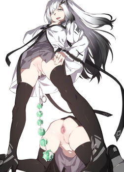 2girls after_insertion all_fours anal anal_beads anal_object_insertion anus anal_fluid black_footwear black_hair black_thighhighs boots bottomless censored cleft_of_venus commentary_request competition competitive_sex copyright_request gaping gaping_anus grey_eyes hand_on_own_hip high_heel_boots high_heels highres legs_apart long_hair long_sleeves looking_at_viewer mosaic_censoring multicolored_hair multiple_girls navel object_insertion open_mouth pussy sex_toy shared_object_insertion simple_background standing takemura_sessyu thigh_boots thighhighs top-down_bottom-up tug_of_war upskirt very_long_hair victory white_background white_hair wide_sleeves