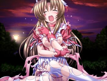 1girl blush breasts brown_hair choker closed_eyes fingerless_gloves game_cg gloves higuchi_isami kusunoki_sae long_hair magical_girl mahou_shoujo_sae medium_breasts nipples non-web_source official_art open_mouth solo tears thighhighs torn_clothes torn_thighhighs white_thighhighs