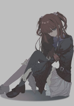 1girl absurdres armband beads belt black_belt black_jacket black_shoes black_thighhighs blue_eyes bow bowtie expressionless frilled_sleeves frills hair_beads hair_ornament hair_over_one_eye half_updo head_tilt highres jacket loafers looking_at_viewer muted_color puffy_sleeves purple_bow purple_bowtie red_armband red_hair shoes sitting skirt solo thighhighs twintails umineko_no_naku_koro_ni ushiromiya_ange white_skirt wide_sleeves yibantongguochunyuan