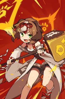 Rule 34 | 1girl, :3, :d, animal ears, bandaid, bandaid on knee, bandaid on leg, bare shoulders, bike shorts, blush stickers, brown hair, chinese zodiac, commentary request, dog ears, fang, hair ribbon, hammer, highres, holding, holding hammer, japanese clothes, kimono, long sleeves, looking at viewer, open mouth, original, red background, red ribbon, red sandals, ribbon, sandals, short hair, smile, socks, solo, tabi, tekka maki (wafuu-bune), v-shaped eyebrows, white kimono, white socks, wide sleeves, year of the dog