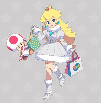 1boy 1girl bag black_eyes blonde_hair blue_eyes blue_gemstone blue_vest boots brooch brown_shoes candy candy_cane christmas crown dress earrings food fur-trimmed_boots fur-trimmed_dress fur_trim gem gloves grey_background grey_boots grey_dress grey_gloves grey_theme handbag high_heels highres holding holding_bag holding_candy holding_candy_cane holding_food jewelry long_hair long_sleeves looking_at_viewer mario_(series) mario_kart mushroom nintendo open_mouth pants pearl_earrings pink_lips polka_dot polka_dot_scarf princess princess_peach puffy_sleeves r3dfive scarf shoes shopping_bag smile standing standing_on_one_leg star_(symbol) star_symbol_background toad_(mario) vest white_pants white_scarf