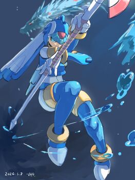 1girl absurdres android armor blue_armor blue_eyes blue_helmet blue_thighhighs breasts commentary_request crop_top dated fairy_leviathan_(mega_man) fins forehead_jewel gem head_fins helmet highres holding holding_polearm holding_weapon looking_at_viewer mega_man_(series) mega_man_zero_(series) omochi_(mochi_skymega) polearm robot simple_background solo thighhighs underwater weapon