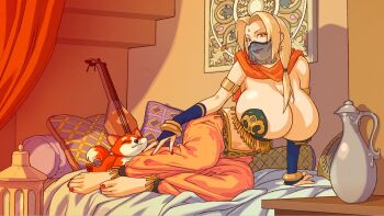 1girl arabian_clothes armlet blonde_hair breasts bridal_gauntlets brown_eyes fox hair_intakes harem_outfit harem_pants huge_breasts indoors jewelry krokedrilo lips mouth_veil naruto_(series) pants red_nails see-through_clothes see-through_veil sitting smile tsunade_(naruto) undersized_breast_cup veil