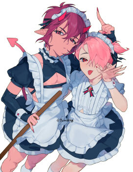 2boys 9umaking apron aster_(nu_carnival) black_skirt crossdressing crossdressing_(mtf) highres horns maid maid_headdress male_maid morvay_(nu_carnival) multiple_boys nu_carnival pectoral_cleavage pectorals pink_hair pointy_ears red_eyes red_horns red_nails simple_background skirt white_apron white_background