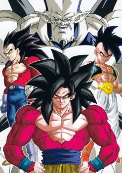 black_eyes black_hair body_fur carddass colored_skin dark-skinned_male dark_skin dougi dragon_ball dragon_ball_gt elbow_spikes highres long_hair looking_at_viewer male_focus metamoran_vest mohawk monkey_boy monkey_tail multiple_boys muscular muscular_male official_art omega_shenron open_mouth pants pectorals red_fur saiyan short_hair simple_background smile son_goku spiked_hair super_saiyan super_saiyan_4 super_uub tail teeth uub vegeta wristband