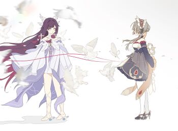 2girls arms_behind_back barefoot bird black_dress black_hair black_shoes brown_hair chinese_commentary columbina_(genshin_impact) commentary_request detached_sleeves dove dress full_body genshin_impact highres long_hair long_sleeves looking_at_another multicolored_hair multiple_girls pantyhose profile sandrone_(genshin_impact) shoes standing string string_of_fate unusually_open_eyes very_long_hair white_background white_dress white_pantyhose white_wings wind wings zenme_gai_bu_ming