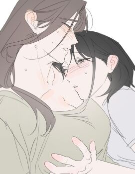 0820_lakia 2girls black_hair blush breasts brown_hair cleavage closed_eyes collarbone commentary_request grabbing_another's_breast green_shirt grey_eyes grey_shirt groping korean_commentary large_breasts long_hair mature_female medium_hair mother_and_daughter multiple_girls original parted_lips shirt simple_background step-parent_and_step-child white_background yuri