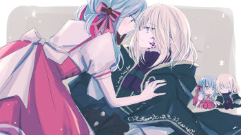 2girls 55ddee aver_(yumenokessho) bang_dream! bang_dream!_it's_mygo!!!!! black_cape blonde_hair blue_hair blush bow cape closed_mouth commentary doloris_(bang_dream!) eye_contact hair_bow highres looking_at_another misumi_uika multiple_girls purple_eyes red_bow red_skirt shirt short_hair skirt snow sweets_paradise symbol-only_commentary togawa_sakiko white_shirt yumenokessho yuri