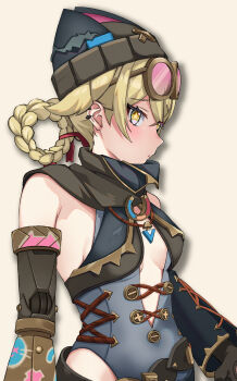 1girl beanie black_hat blonde_hair braid braided_hair_rings breasts brown_background center_opening commentary_request from_side genshin_impact goggles goggles_on_head grey_leotard hair_rings hat highres jahoda_(genshin_impact) leotard mechanical_arms medium_breasts pink-tinted_eyewear prosthesis prosthetic_arm simple_background single_mechanical_arm solo star-shaped_pupils star_(symbol) sylux symbol-shaped_pupils tinted_eyewear upper_body yellow_eyes