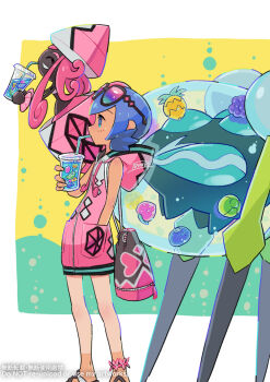 1girl adapted_costume araquanid bag berry_(pokemon) black-framed_eyewear blue_eyes blue_hair bluk_berry coat commentary_request cup drinking drinking_straw gen_7_pokemon hand_in_pocket haraya holding holding_cup hood hood_down hooded_coat lana_(pokemon) lana_(sygna_suit)_(pokemon) legendary_pokemon lum_berry nintendo no_sclera official_alternate_costume pinap_berry pink_coat pokemon pokemon_(creature) pokemon_masters_ex short_hair signature standing sunglasses tapu_lele tassel watermark zipper