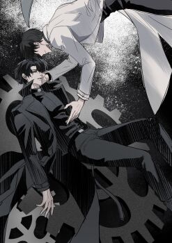 Rule 34 | 2boys, absurdres, auauko123, belt, black coat, black shirt, coat, collared shirt, curtained hair, feet out of frame, floating, gears, hand on another's face, head tilt, highres, kim dokja, male focus, multiple boys, omniscient reader's viewpoint, open clothes, open coat, outstretched hand, parted lips, popped collar, shirt, smile, white coat, yoo joonghyuk