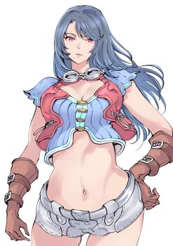 1girl black_hair blue_shirt breasts brown_gloves cleavage commentary cowboy_shot crop_top cropped_vest gloves goggles goggles_around_neck hand_on_own_hip highres long_hair looking_at_viewer medium_breasts midriff mole mole_under_mouth navel parted_lips pink_eyes red_vest sharla_(xenoblade) shirt short_shorts short_sleeves shorts simple_background solo straight_hair swept_bangs ug333333 vest white_background white_shorts xenoblade_chronicles_(series) xenoblade_chronicles_1