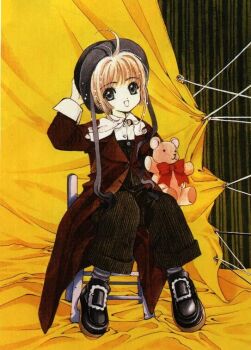 1990s_(style) 1girl :d cardcaptor_sakura clamp female_focus hat indoors kinomoto_sakura looking_at_viewer open_mouth overalls retro_artstyle short_hair smile solo stuffed_animal stuffed_toy teddy_bear