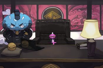 2boys animalization asagi1111 black_suit book book_stack chair clothed_pokemon computer corbeau_(pokemon) desk desk_lamp dondozo facial_hair fish formal_clothes gen_2_pokemon grey_eyes indoors lamp laptop looking_at_viewer male_focus mohawk multiple_boys nintendo on_chair philippe_(pokemon) poke_ball pokemon pokemon_legends:_z-a pov sitting steelix suit tatsugiri v-shaped_eyebrows yellow_eyes