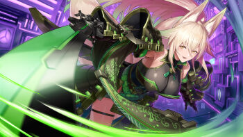1girl absurdres animal_ear_fluff animal_ears arm_armor armor bare_shoulders bell blonde_hair blurry breasts commentary_request commission depth_of_field detached_sleeves fangs floating_hair hair_between_eyes highres holding holding_sword holding_weapon japanese_clothes jingle_bell large_breasts leaning_forward light_trail long_hair long_sleeves looking_at_viewer mechanical_gloves mytea_(soso) neck_bell obi open_mouth original print_sleeves purple_background sash sidelocks skeb_commission solo suirin_(tukikagerou) swinging_weapon sword teeth thighs very_long_hair weapon yellow_eyes