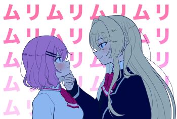 2girls amaori_renako ashigaya_high_school_uniform black_jacket blazer blonde_hair blue_eyes blush bow bowtie braid closed_mouth collared_shirt commentary_request eye_contact hair_intakes hand_on_another's_chin highres jacket lemoontya looking_at_another medium_hair multiple_girls ouzuka_mai pink_hair purple_eyes red_bow red_bowtie school_uniform shirt side_braid smile sweat watashi_ga_koibito_ni_nareru_wake_naijan_murimuri! white_shirt yuri