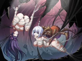 2girls absurdres animal bar_censor bestiality big_belly blue_eyes breasts bug cave censored completely_nude date_a_live egg_implantation gagged highres huge_filesize large_breasts long_hair multiple_girls nipples nude oversized_animal purple_hair pussy rape restrained rolling_eyes short_hair silk spider spider_web suspension tobiichi_origami upside-down white_hair yatogami_tohka yukumo_no_ki