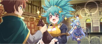 1boy 2girls aqua_(konosuba) aqua_hair arm_up bag black_jacket blue_boots blue_hair blue_shirt blue_skirt boots bow bowtie breasts brooch brown_hair cape circle cleavage cleavage_cutout closed_eyes closed_mouth clothing_cutout collar cropped_jacket detached_sleeves fang game_cg giving green_bow green_bowtie green_cape green_eyes hair_ornament hair_rings hair_scrunchie high_heel_boots high_heels highres holding holding_bag indoors jacket jewelry kono_subarashii_sekai_ni_shukufuku_wo! konosuba!_fantastic_days large_breasts light_blush lightning_bolt lightning_bolt_hair_ornament lightning_bolt_symbol long_hair long_sleeves looking_at_another medium_breasts mel_(konosuba) miniskirt money_bag multiple_girls official_art open_mouth pink_eyes pointy_ears ponytail satou_kazuma scrunchie shirt short_hair sidelocks single_hair_ring skirt sleeveless sleeveless_shirt smile sparkle spiked_hair spirit standing standing_on_one_leg thigh_boots thighhighs thighhighs_under_boots white_collar white_sleeves white_thighhighs yellow_scrunchie yellow_shirt