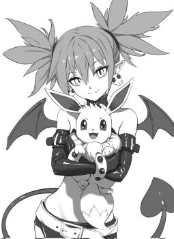 1girl arm_belt belt clip_studio_paint_(medium) closed_mouth commentary corrupted_twitter_file cowboy_shot crop_top demon_girl demon_tail demon_wings disgaea dukeoftorpedoes eevee elbow_gloves english_commentary etna_(disgaea) fang fluffy gen_1_pokemon gloves greyscale highres looking_at_viewer miniskirt monochrome neck_fur nintendo open_mouth pointy_ears pokemon pokemon_(creature) simple_background sitting skin_fang skirt slit_pupils tail twintails white_background wings