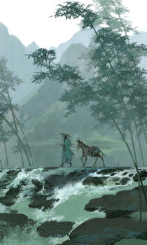 bamboo bamboo_forest cardigan chinese_clothes donkey forest full_body green_theme hanfu hat highres ibuki_satsuki long_hair mountain mountainous_horizon nature original rice_hat solo walking