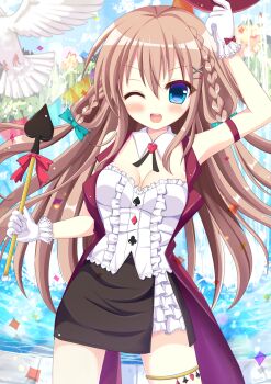 1girl ;d aqua_bow arm_up bird black_skirt blue_eyes blush bow braid breasts brown_hair cleavage cloak club_(shape) commentary_request confetti cowboy_shot day detached_collar dove fountain gloves gold_thighlet hair_between_eyes hair_bow hair_ornament hat highres holding holding_unworn_clothes holding_unworn_hat holding_wand jewelry long_hair looking_at_viewer magician medium_breasts one_eye_closed open_mouth original outdoors overskirt red_cloak red_hat ritacoeri shirt side_braids skirt smile solo standing thighlet top_of_moe_2016 unworn_hat unworn_headwear very_long_hair wand water white_bird white_gloves white_shirt x_hair_ornament