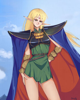 1girl amadis_ch arm_warmers armor belt blonde_hair brown_arm_warmers cape circlet cowboy_shot deedlit elf green_eyes hand_on_own_hip highres long_hair pointy_ears record_of_lodoss_war shoulder_armor signature simple_background smile two-sided_cape two-sided_fabric very_long_hair
