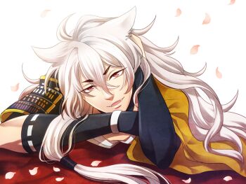 1boy armor bishounen elbows_on_table fangs hair_between_eyes hair_ears japanese_armor jin_akhr kogitsunemaru long_hair looking_at_viewer male_focus petals red_eyes shoulder_armor sode solo touken_ranbu very_long_hair white_background white_hair
