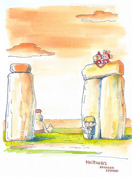 2boys akahanadragon blonde_hair blush bow brown_hair bubble_monkey cave_boy caveman chewing_gum formal_clothes glasses hair_bow highres jeff_andonuts leaning_on_object map monkey mother_(series) mother_2 multiple_boys nintendo ocean sitting stonehenge suit water