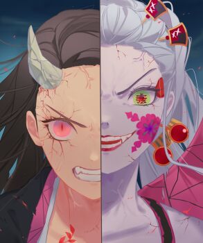 2girls brown_hair cracked_skin daki_(kimetsu_no_yaiba) demon_girl demon_horns facial_mark fangs green_eyes hair_ornament hair_stick highres horns kamado_nezuko kimetsu_no_yaiba long_hair multiple_girls open_mouth pink_eyes single_horn slit_pupils split_screen text_in_eyes topknot tr_(hareru)