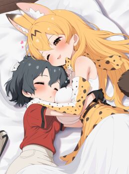 2girls alternate_hair_length alternate_hairstyle animal_ears bed_sheet between_breasts black_gloves black_hair blonde_hair blush bow bowtie breasts cat_ears closed_eyes commentary commission cuddling elbow_gloves extra_ears fang gloves hand_on_another&#039;s_head head_between_breasts headpat heart highres hug kaban_(kemono_friends) kemono_friends large_breasts long_hair lying multiple_girls on_bed on_side one_eye_closed pillow print_bow print_bowtie print_gloves print_skirt ransusan red_shirt serval_(kemono_friends) shared_bed shirt short_hair short_sleeves skeb_commission skirt sleeping smile white_shirt zzz