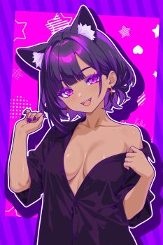 1girl :d absurdres animal_ears artist_name black_hair black_shirt breasts cat_ears cat_girl cleavage commentary dark-skinned_female dark_skin earrings extra_ears fangs finn_flint finn_flint_(vtuber) halftone highres indie_virtual_youtuber jewelry large_breasts looking_at_viewer multicolored_hair no_bra off_shoulder open_clothes open_mouth open_shirt partially_unbuttoned purple_background purple_eyes purple_hair shirt short_sleeves simple_background smile star_(symbol) star_symbol_background striped_background teeth two-tone_hair upper_teeth_only virtual_youtuber